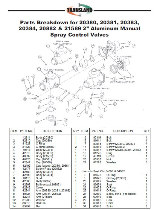PARTS BREAKDOWN 2" ALUMINUM MANUAL SPRAY CONTROL VALVES - AG CAT - TRANSLAND 20380 20381 20383 20384 20882 21589